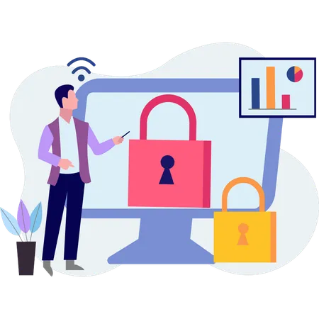 Guy is pointing at the business security  Illustration