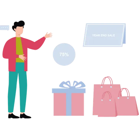 Guy is shopping at the end of year to enjoy huge discount  Illustration