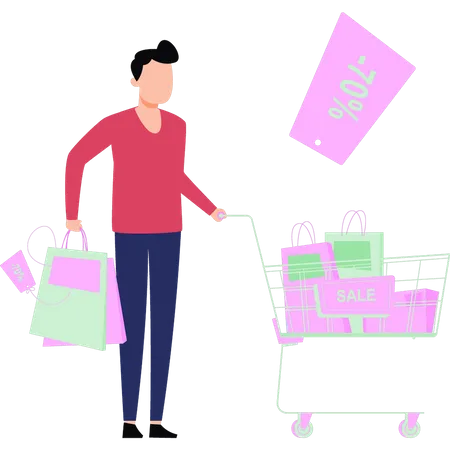 Guy is shopping on 70 percent sale  Illustration