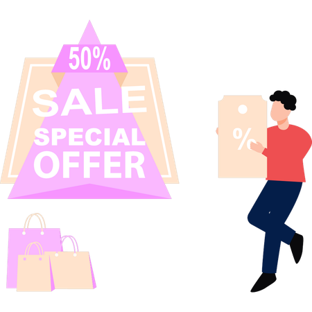 Guy is showing 50% sale special offer  Illustration