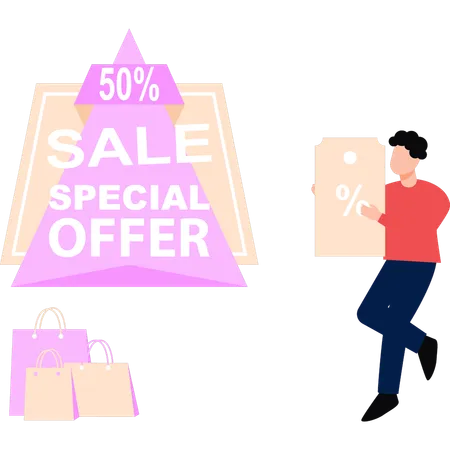 Guy is showing 50% sale special offer  Illustration