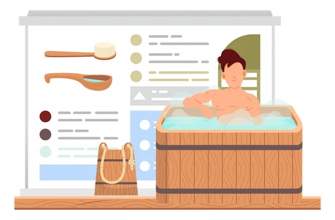 Guy Is Sitting In Barrel And Having Rest Man In Tub Against Background Of Poster With Sauna Accessories Broom For Banya And Text Male Character In Hot Steam Person Relaxing In Boiling Water Illustration