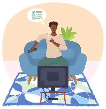 Guy is sitting on couch smoking cigarette and watching television Illustration