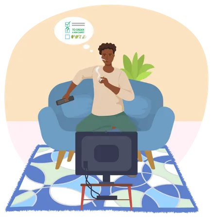Guy is sitting on couch smoking cigarette and watching television  Illustration
