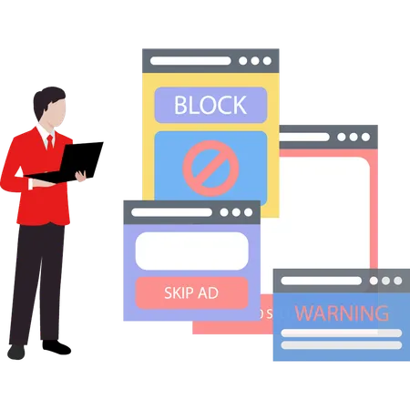 Guy is working on ad block popup on laptop.  Illustration