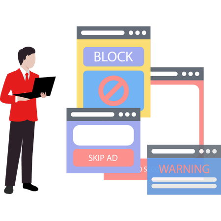 Guy is working on ad block popup on laptop.  Illustration