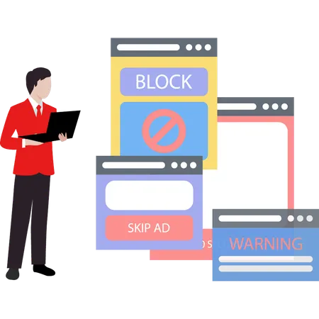 Guy Is Working On Ad Block Popup On Laptop Illustration