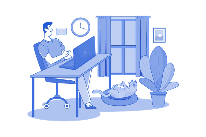 Guy Sitting At A Table On The Laptop At Home Illustration