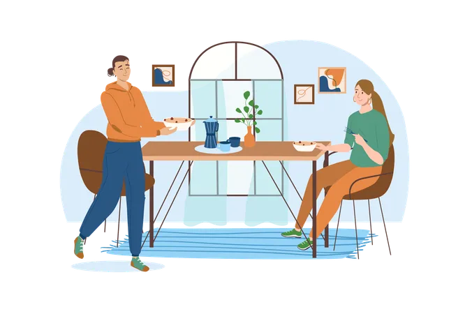 Kitchen Blue Concept With People Scene In The Flat Cartoon Style Guy Lets The Girl Taste The Salad He Cooked Himself Vector Illustration Illustration