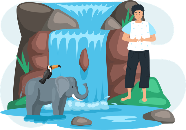 Guy looking at animals near waterfall in nature  Illustration