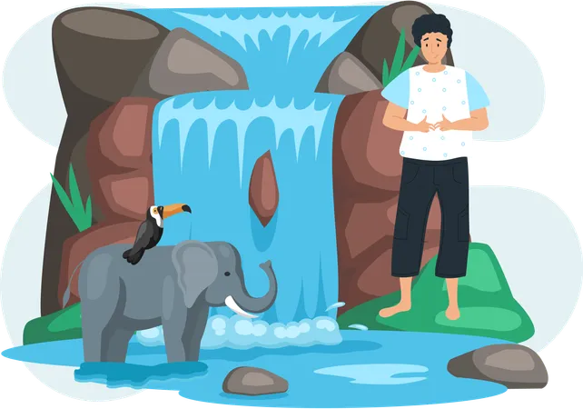 Guy looking at animals near waterfall in nature  Illustration