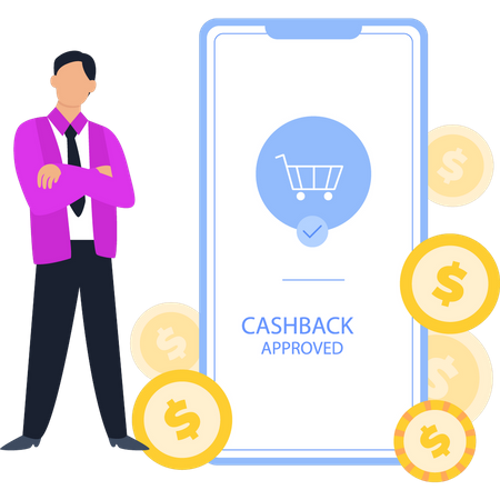 Guy Looking At Approved Cashback  Illustration