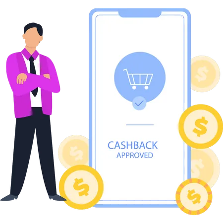 Guy Looking At Approved Cashback  Illustration