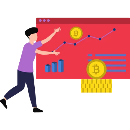 Guy looking at bitcoin analytics  Illustration