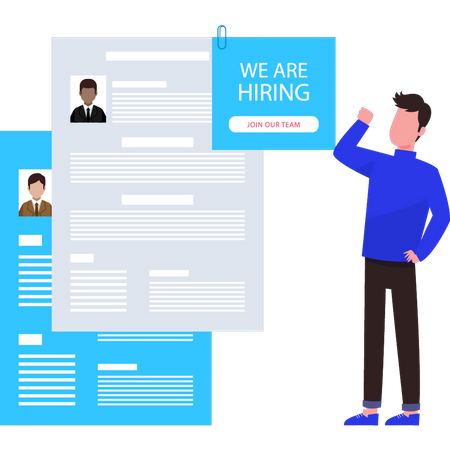 Guy looking at hiring CVs  Illustration