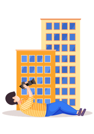 Guy lying and adjusting the lens  Illustration