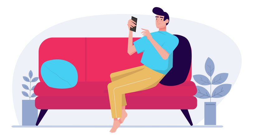 Guy lying on sofa surfing internet  Illustration