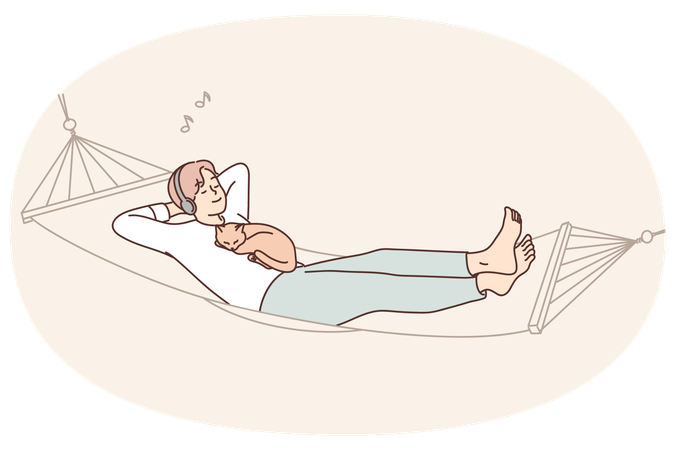 Guy lying with cat in hammock listen to music  Illustration