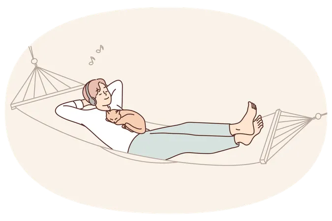 Guy lying with cat in hammock listen to music  Illustration
