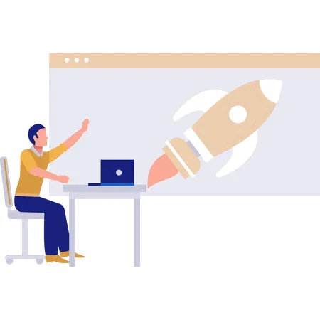 A Guy On A Web Page Is Pointing At A Rocket Illustration