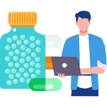 Guy ordering pot of pills on laptop  Illustration