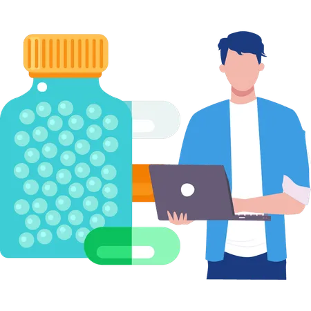 Guy ordering pot of pills on laptop  Illustration