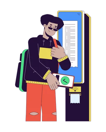 Hispanic Guy Paying For Ticket With NFC Technology 2 D Linear Cartoon Character Latin American Student Isolated Line Vector Person White Background Contactless Payment Color Flat Spot Illustration Illustration
