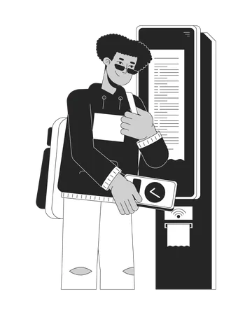 Hispanic Guy Paying For Ticket With NFC Black And White 2 D Line Cartoon Character Latin American Student Isolated Vector Outline Person Contactless Payment Monochromatic Flat Spot Illustration Illustration