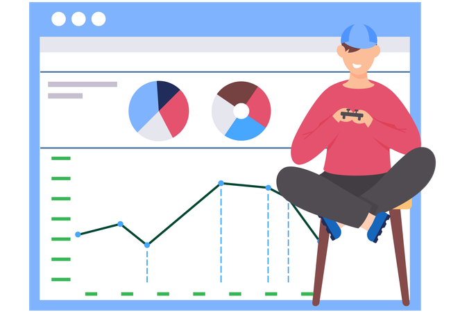 Guy plays with gamepad viewing Statistics and business analytics  Illustration