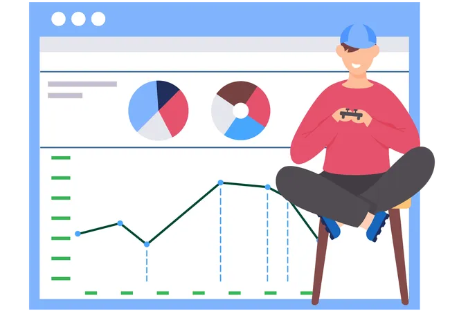 Guy plays with gamepad viewing Statistics and business analytics  Illustration