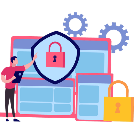 Guy pointe vers la protection de sécurité pour le compte utilisateur  Illustration