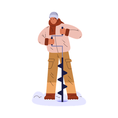 Guy punching hole in thick ice for winter fishing  Illustration