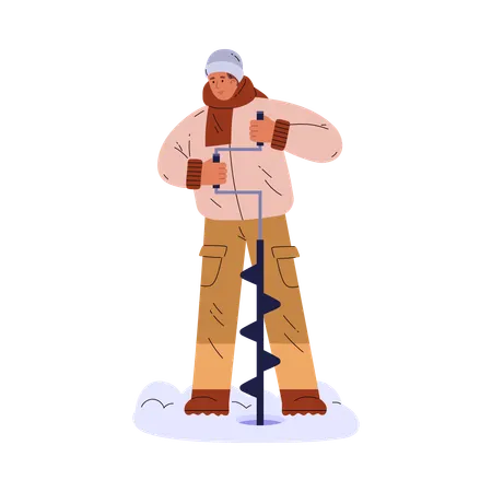 Guy punching hole in thick ice for winter fishing  Illustration