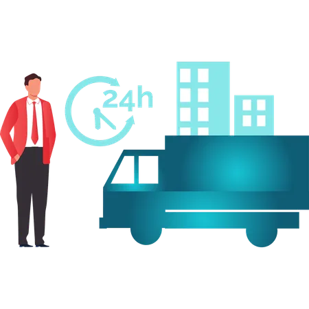 Guy showing 24 hours delivery services  Illustration