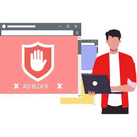 Guy showing adblock on different browsers.  Illustration