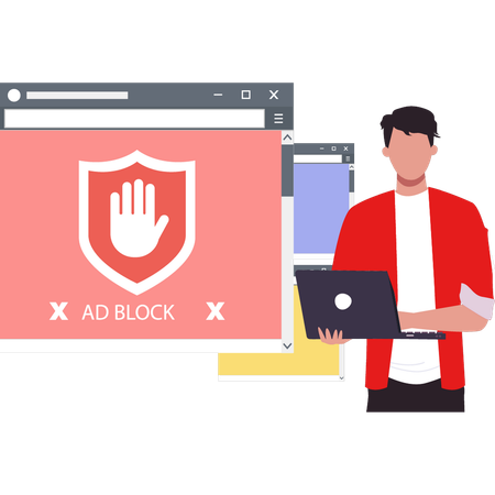 Guy showing adblock on different browsers.  Illustration