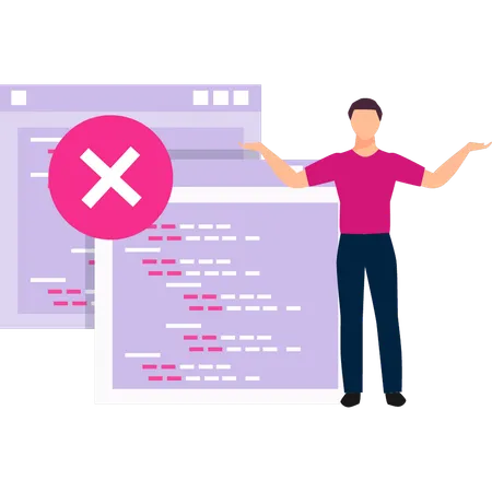 Guy Showing Coding Error On Web Page イラスト