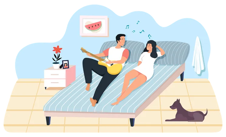 Guy sings with guitar for girlfriend Illustration