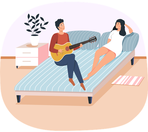 Guy sings with guitar for his girlfriend  Illustration