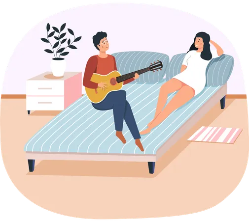 Guy sings with guitar for his girlfriend  Illustration