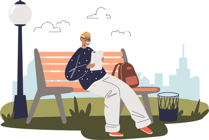 Guy sit on bench holding tablet Illustration