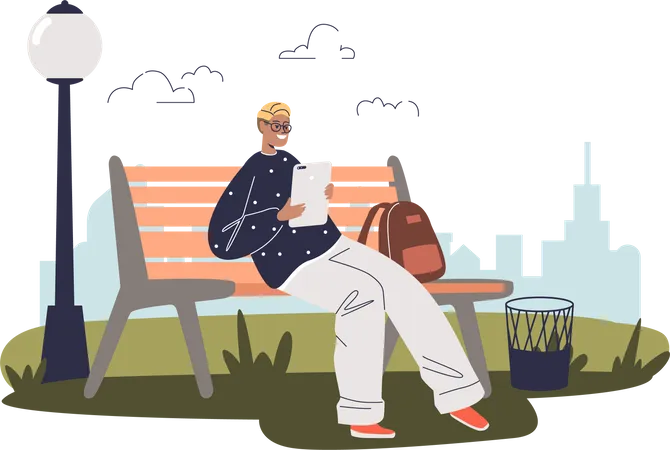 Young Guy Sit On Bench Holding Digital Tablet Computer Use Modern Gadget And Wireless Internet Connection For Chatting And Social Network Outdoors Cartoon Flat Vector Illustration イラスト