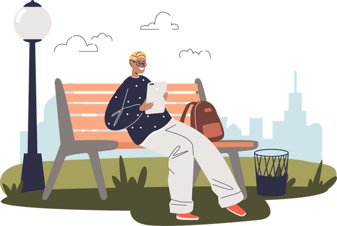 Guy sit on bench holding tablet  Illustration