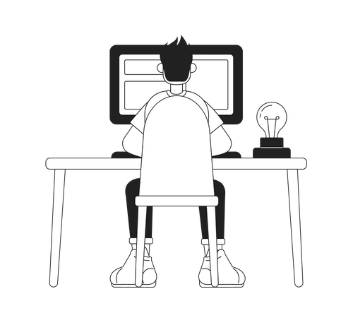 Guy sitting at table with computer  Illustration