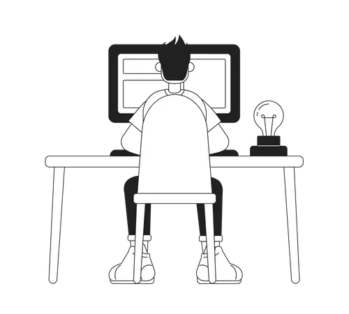 Guy sitting at table with computer  Illustration