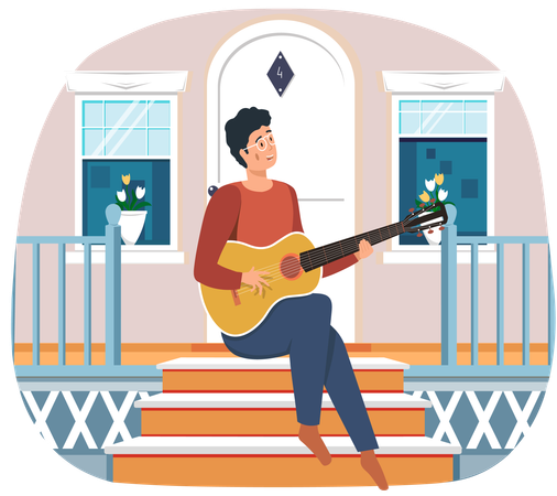 Guy sitting on doorstep of his house and plays guitar  Illustration