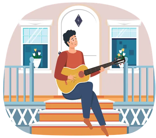 Guy sitting on doorstep of his house and plays guitar  Illustration