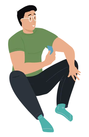 Guy sitting on floor holds card in his hands  Illustration