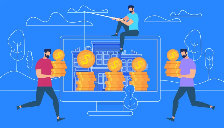 Guy Sitting on Top of PC Catching Money with Rod Illustration