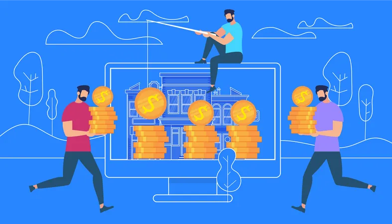 Guy Sitting on Top of PC Catching Money with Rod  Illustration